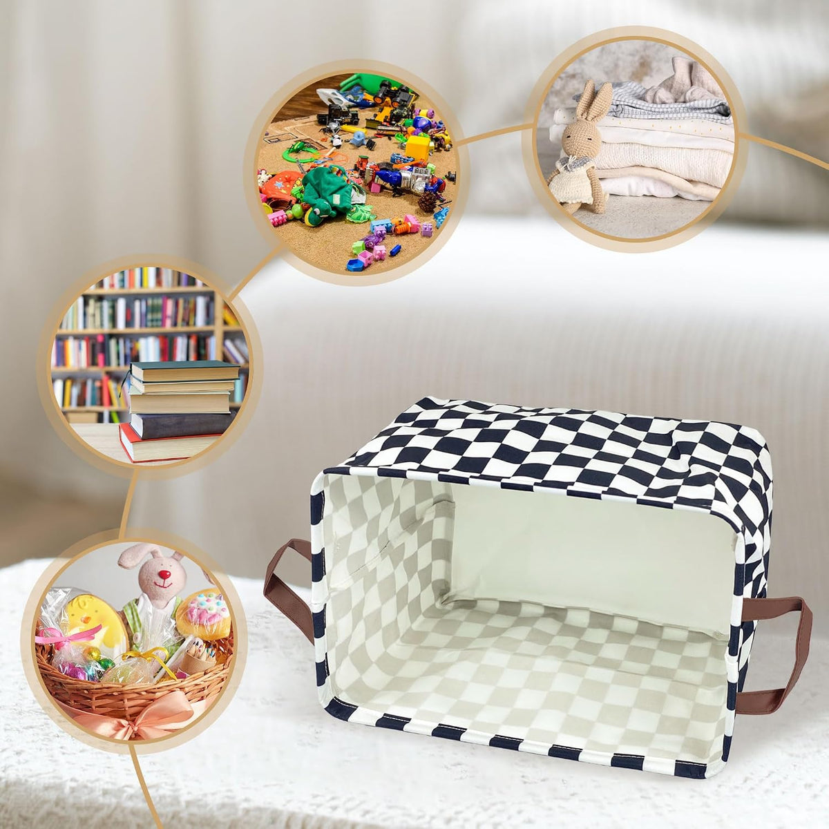 Checkered Storage Basket Waterproof Canvas Toy Storage Bin Race Car Room Decor Collapsible Outdoor Basket with Leather Handles Checkered Decor Car Blanket Baskets For Closets,Bedrooms,Gifts Baskets