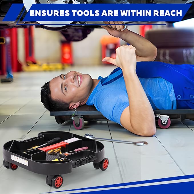 MaxWorks Rolling Under-Car Tool Tray with Swivel Casters 50 lb Capacity Creeper Tool Organizer with Magnetic Receiver Plate for Mechanics & Garage 51072