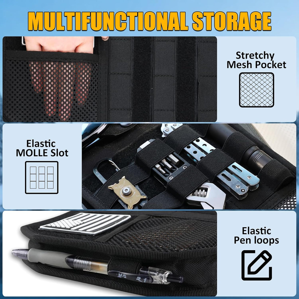 Falafa Car Sun Visor Organizer, Semi-Rigid Molle Panel for Tactical Gears with Zipper Visor Storage Pouch & Glasses Clip, Universal Fit for Trucks, SUVs, Jeeps & Patrol Vehicles