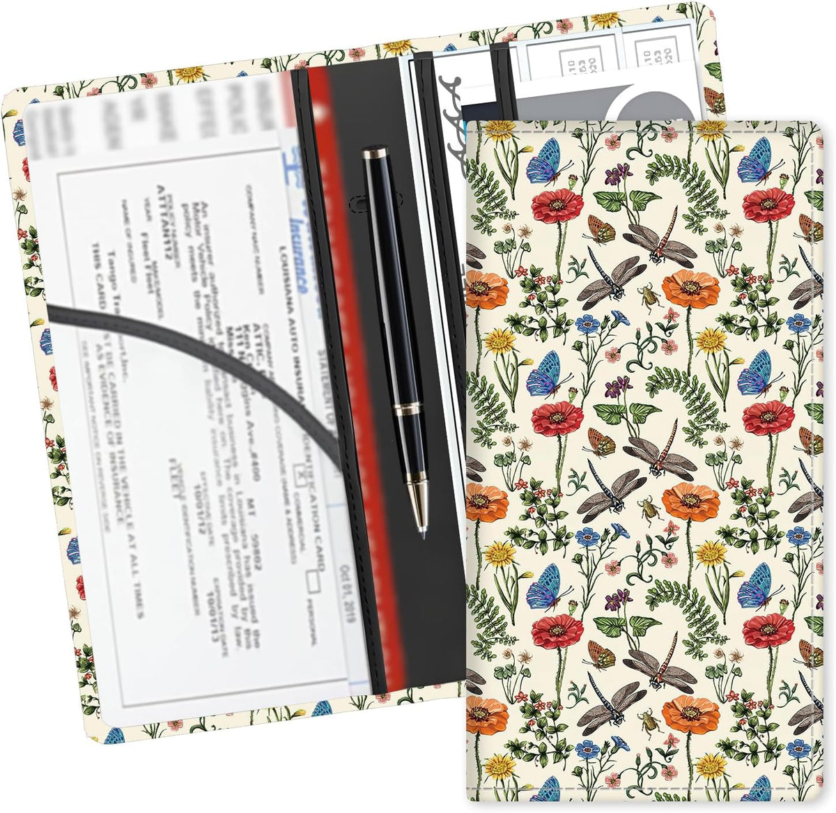 Leather Car Registration and Insurance Card Holder, Cute Car Accessories Vehicle Glove Box Car Organizer for Documents, Cards, License Cute Dragonfly Flowers