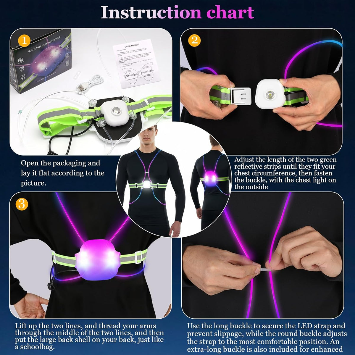 Skiennix Reflective Running Vest - Rechargeable LED Gear with 3 Modes & 7 Colors | Adjustable Safety Vest for Night Running, Cycling, Hiking (Medium)