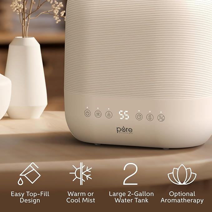 Pure Enrichment HUME Sense Warm & Cool Mist Top-Fill Humidifier, 2-Gal Tank, Up to 4.5 Days, Auto Humidity Sensor, 3 Mist Levels, Night Light, Aromatherapy, Sleep Mode & Auto Shut-Off