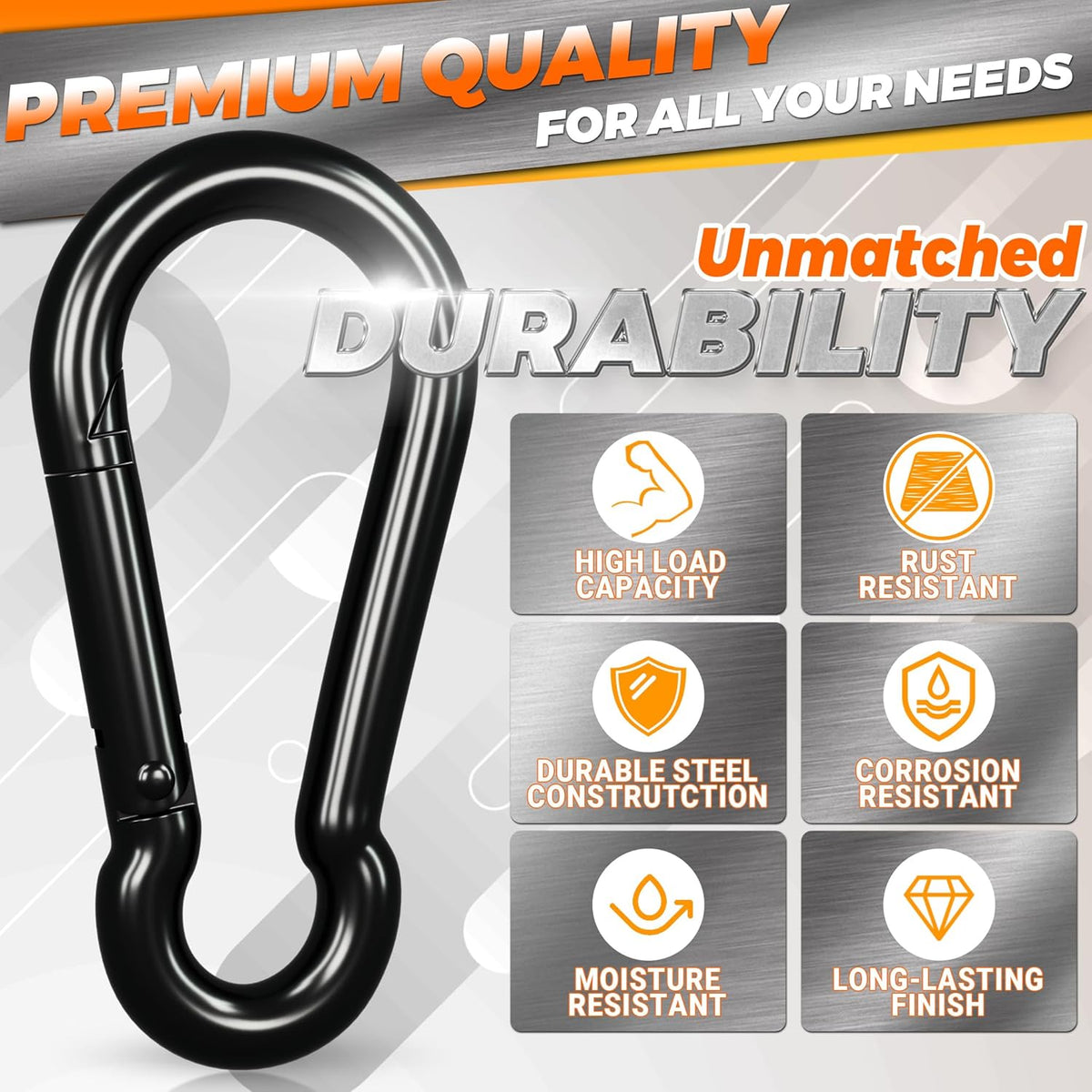 Sprookber Carabiner Clips - Heavy Duty Spring Snap Hooks for Keys & Outdoor Gear | Set of 6 (Black)