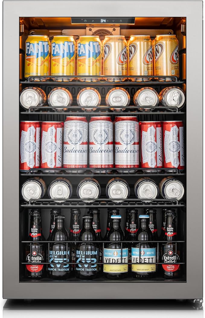Ca'Lefort 155 Cans Mini Fridge, Beverage Refrigerator Cooler for Drink/Beer | 4.59 Cu.ft, Low-noise, Reversible Glass Door, 3-Color LED Lighting, Adjustable Shelves, 34℉ to 54℉ | Home Dorm Office Kitchen
