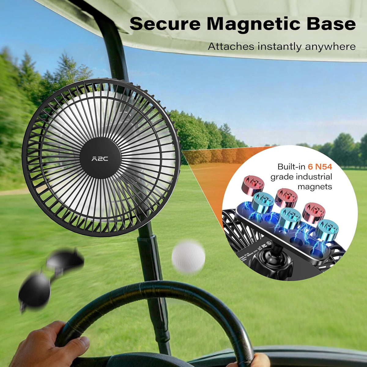 A2C Magnetic Rechargeable Fan for Golf Cart 7.5-Inch, Up to 28Hrs, 10000 mAh Battery Powered Fan Portable 4 Speeds Fits EZGO, Club Car & Yamaha, Golf Cart & Cruise Accessories Essentials Gifts