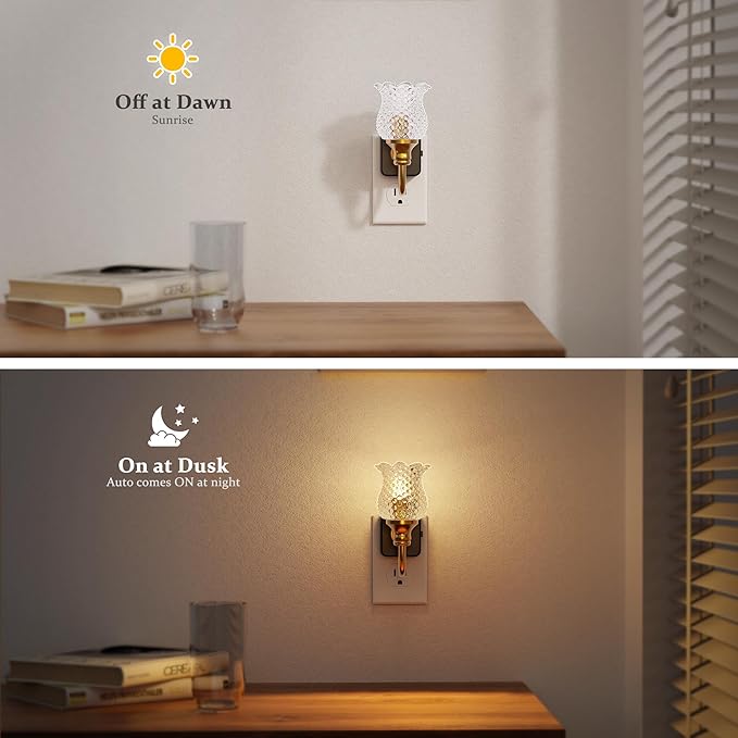 JandCase Night Light, 2 Pack Glass Night Lights Plug into Wall, Dimmable Floral