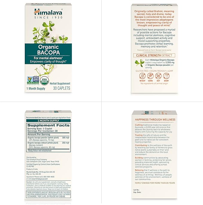 Himalaya Organic Bacopa Monnieri Nootropic Herbal Supplement, Mental Alertness, Supports Calm, Memory, Cognition, USDA Organic, Non-GMO, 750 mg, 60 Plant-Based Caplets, 2 Pack, 120 Day Supply
