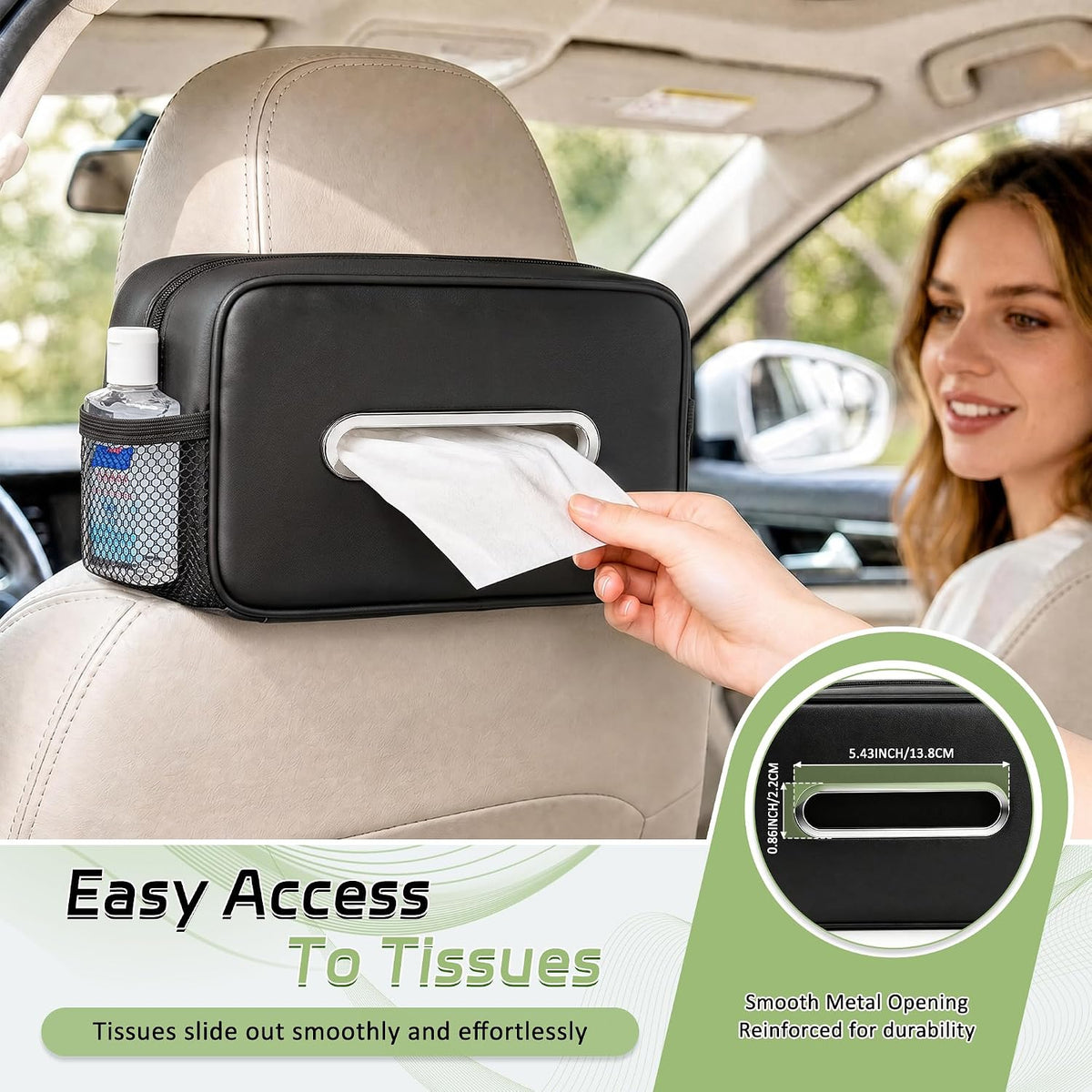 2PC Car Tissue Box Holder PU Leather Car Organizer with Side Storage Pocket
