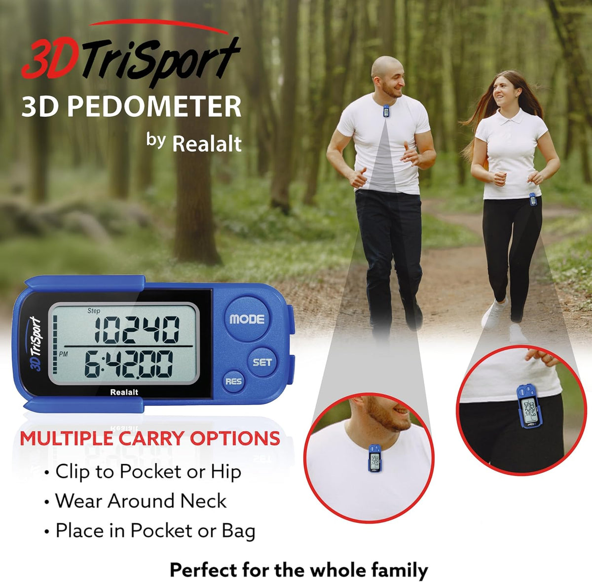 Realalt 3DTriSport 3D Walking Pedometer - Accurate Step Counter with 30-Day Memory & Large Display for Seniors