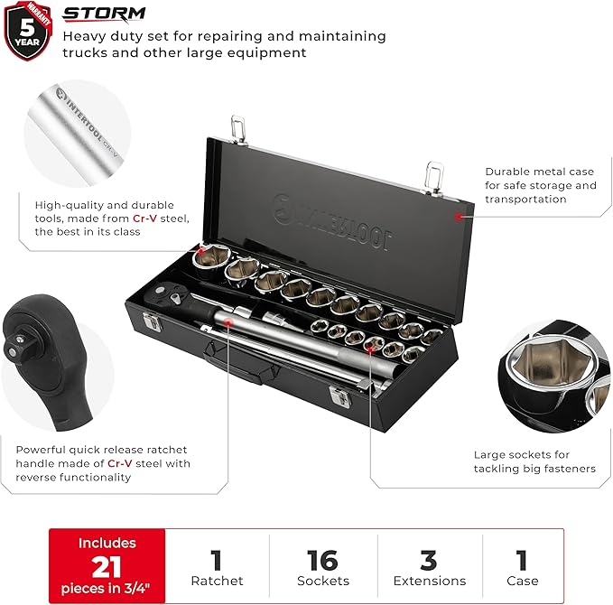 INTERTOOL 3/4-inch Drive Metric Jumbo Socket Set, 19-50 mm, 21-Piece, Quick Release Ratchet, Extensions, Sliding Bar, Metal Case, Remove Lug Nuts, Cars, Trucks, RVs, Heavy Duty Vehicles, ET08-8321
