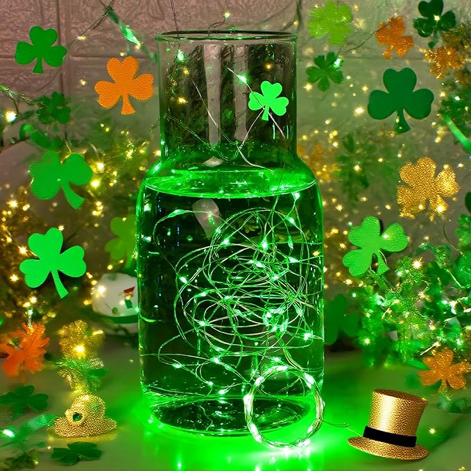 WATERGLIDE 12 Pack St. Patricks Day Fairy Lights Battery Operated (Included), 7 ft 20 LED Mini String Lights, Waterproof Silver Wire Firefly Starry Light for DIY Christmas Mason Jars Decor, Green
