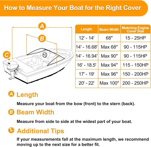 Kipiea 1300D Boat Cover - Heavy Duty Waterproof Protection for V-Hull & Bass Boats | Fits 14'-16' Long X 90" Wide