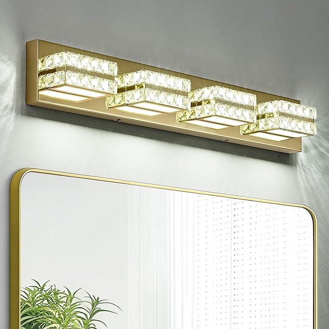 OKELI Crystal Vanity Lights LED Bathroom Vanity Light Fixture Over Mirror Modern Indoor Gold Lamp, 6000K Cold White Dimmable, 4-Lights, 24W, ETL Listed