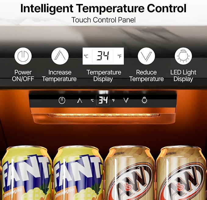 Ca'Lefort 155 Cans Mini Fridge, Beverage Refrigerator Cooler for Drink/Beer | 4.59 Cu.ft, Low-noise, Reversible Glass Door, 3-Color LED Lighting, Adjustable Shelves, 34℉ to 54℉ | Home Dorm Office Kitchen