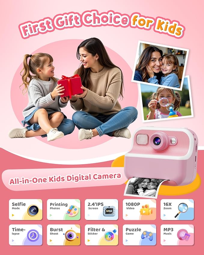 Instant Camera, Front Rear Dual Selfie Kids Camera