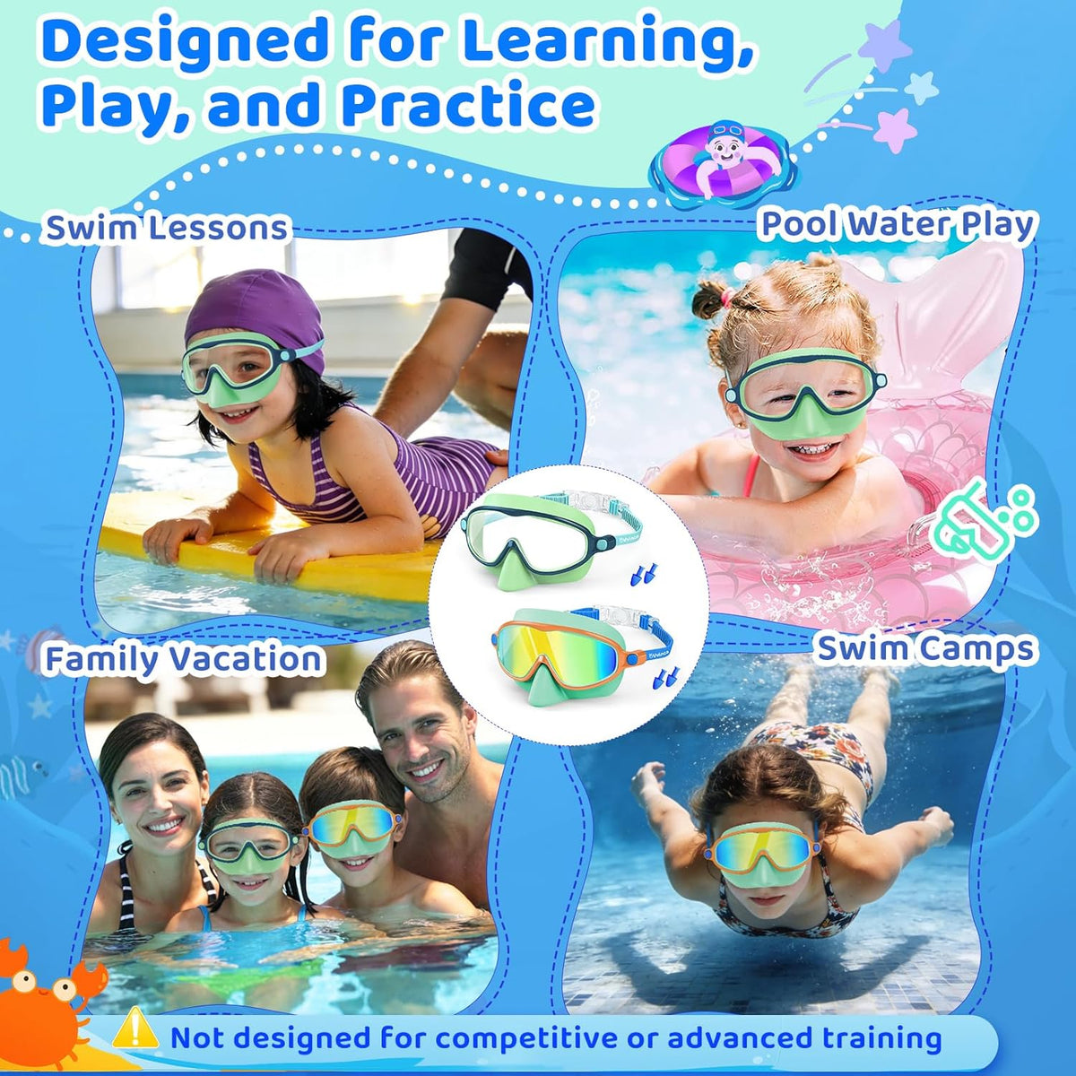 Vvinca Kids Swim Goggles - Anti-Fog UV Protection & Nose Cover | 2 Pack for Ages 3-14