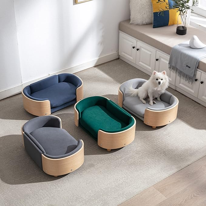 Luxury Dog Bed Pet Sofa - Solid Wood Legs & Bent Wood Back, Removable Washable Velvet Cushion, Modern Pet Furniture for Small/Medium Dogs/Cats (Dark Grey)