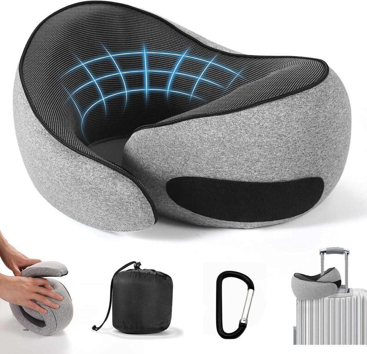 SZXYX Travel Pillows - 100% Pure Memory Foam Neck Pillow for Airplanes, Comfortable Breathable Cover, 360° Support Stowable Pillows for Sleeping, Car, Airport Travel Essentials Dark Grey