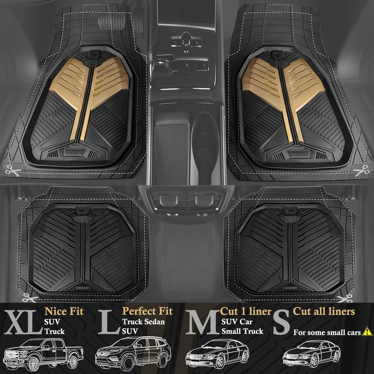 CAR PASS Heavy Duty Rubber Car Mats, Deep Dish Car Floor Mats All Weather, Car Mats Full Set 4-Piece Trim to Fit for Sedans SUVs Trucks, Waterproof Anti-Slip Automotive Mats, V12 Black Champagne Gold