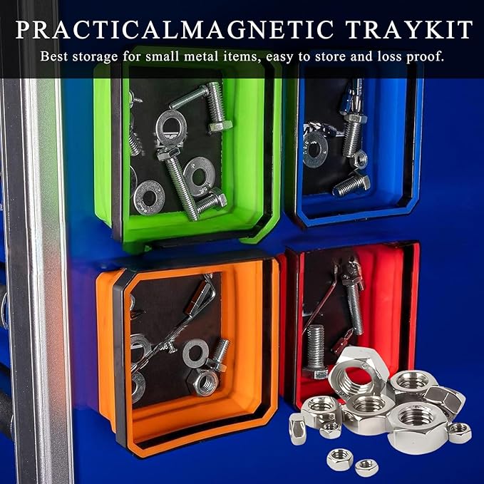 Collapsible Magnetic Parts Tray, 4.5" Square Silicone Tool Tray with Dual-Sided Magnetic Base, Foldable Small Metal Parts Organizer Storage Bowl for Screws Bolts Nuts Washers (Orange)