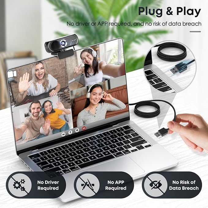 1080P HD Webcam with Microphone, Noise Cancellation, Privacy Cover, Wide-Angle