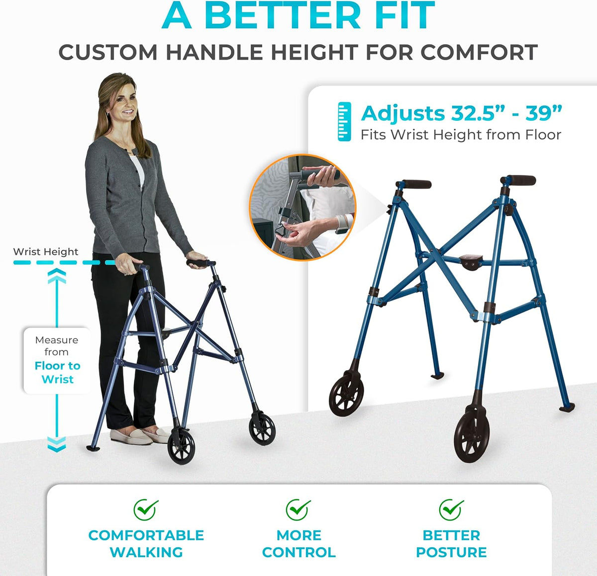 Stander Space Saver Walker, Lightweight Folding Rolling Mobility Aid for Seniors & Adults, Compact 2-Wheel Disability Device with 6-inch Wheels & Ski Glides for Walking Support, Cobalt Blue