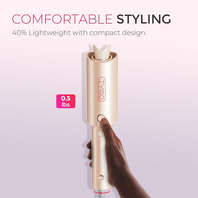 TYMO Automatic Rotating Curling Iron - TYMO CURLPRO Beach Waves Curling Wand, Portable Hair Curler, 500 Million Ionic, Dual Voltage & Lightweight for Travel, Ceramic Coating, 1 Inch, Peach