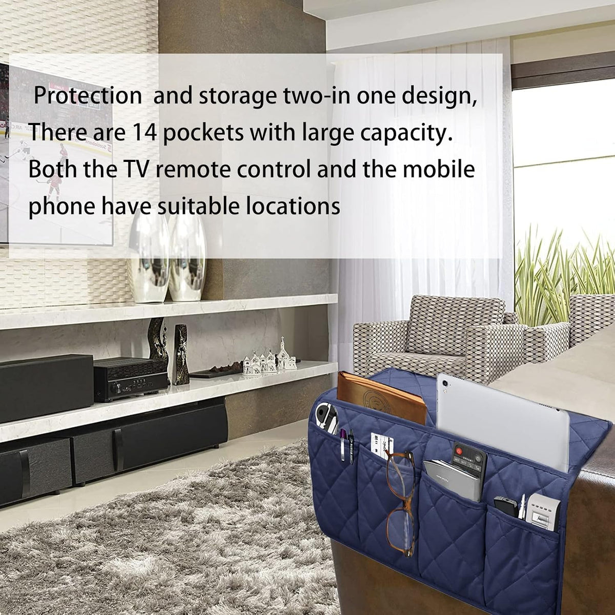 Armchair Caddy,Non Slip Sofa Armrest Organizer, Couch Armrest Remote Control Holder,Waterproof Recliner Arm Caddy with 14 Pockets for Cell Phone TV Remote Control