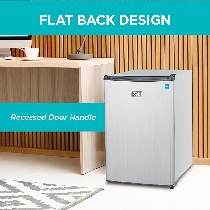BLACK+DECKER 2.5 Cu. Ft. Compact Refrigerator, BCRK25V, Stainless Look | Energy Star Certified, Single Door Mini Fridge with Chiller Compartment, Personal Fridge for Home or Dorm, R600a Refrigerant