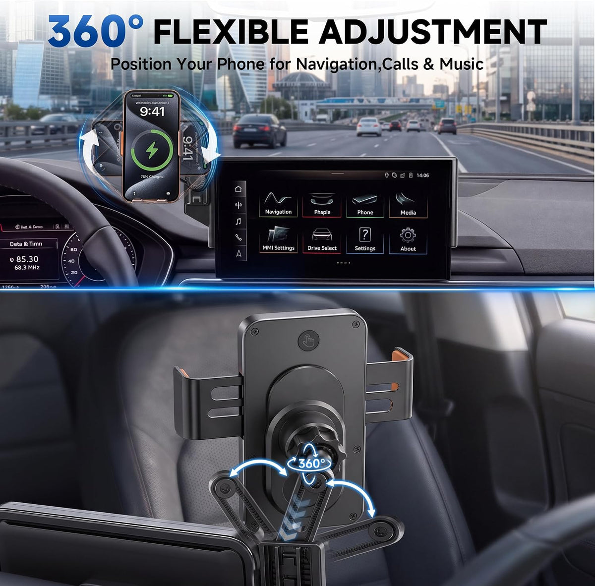 Car Phone Holder for 2020-2025 Audi A4/S4/A5/S5 & 2021-2025 Q5/SQ5 Accessories, 10.1-Inch Center Screen Phone Mount with Up to 15W Fast Wireless Charging, Auto-Clamping, 360° Rotation
