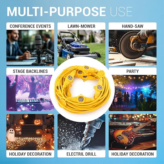 COLSEN Extension Cord with Multiple Outlets – 50 ft Heavy Duty 16 Gauge Power SJTW Cable, 15 Amp 3 Prong 11 NEMA Multi Plug, 14 AWG Male to Female Connector, 5-15R Female Socket, Outdoor/Indoor Yellow