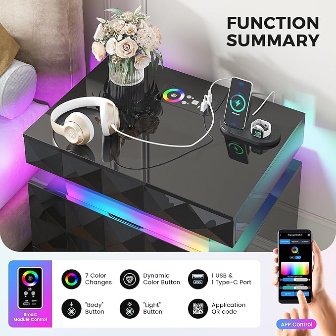 LED Nightstand with Charging Station,3 Drawers Night Stand with Lockable Hidden Storage,Smart Bedside Table with Human Sensor RGB Lights for Bedroom,Black