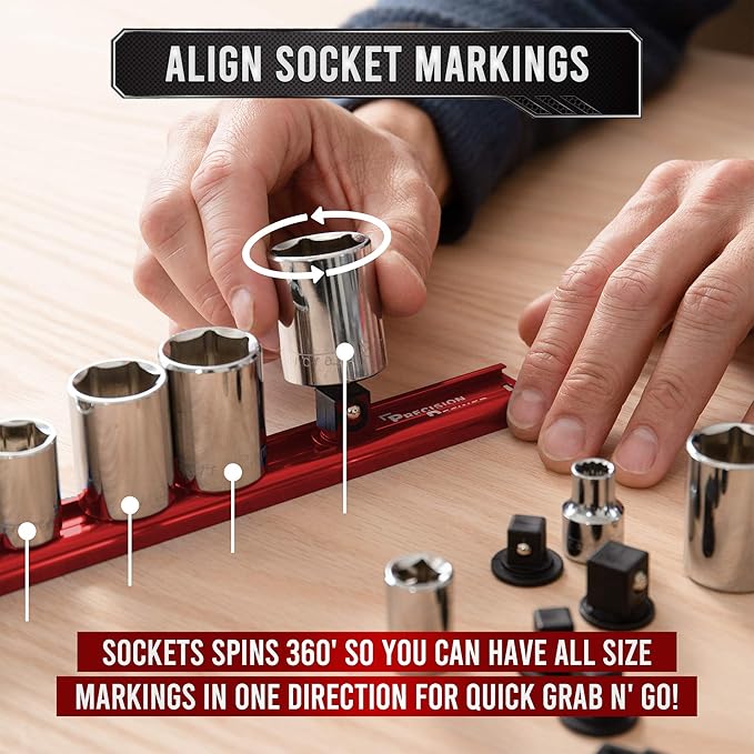 Precision Defined Aluminum Tool Socket Holder 3-Piece Set | Red, 1/4-Inch x 16 Clips, 3/8-Inch x 16 Clips, 1/2-Inch x 14 Clips | 360 Rotation - Heavy Duty Socket Rails Organizer, Socket Storage