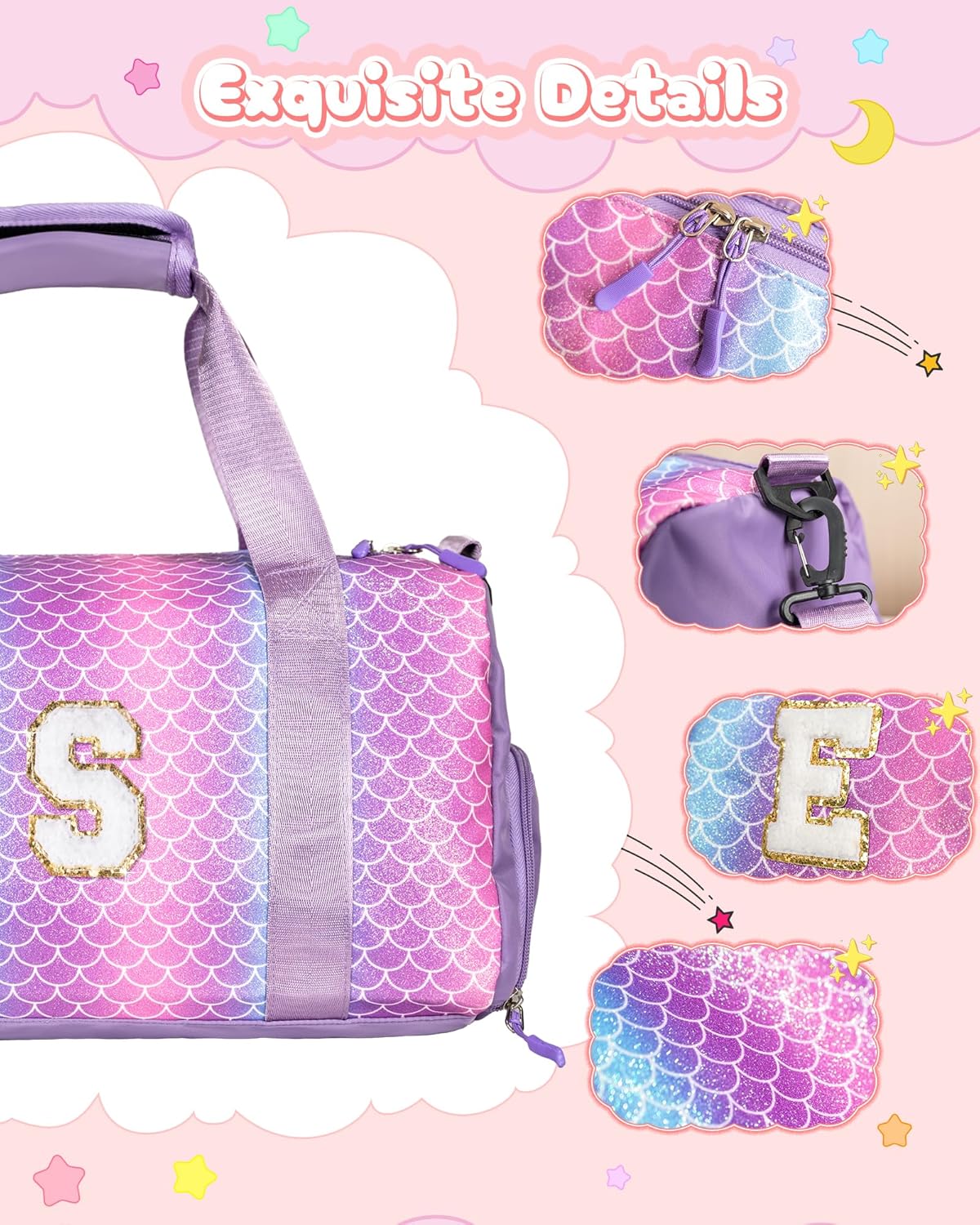 Skiennix Girl Gym Bag - Stylish Weekender Tote with Shoe Compartment & Makeup Pouch | Ideal Gift for Ages 3-12 (Letter S)