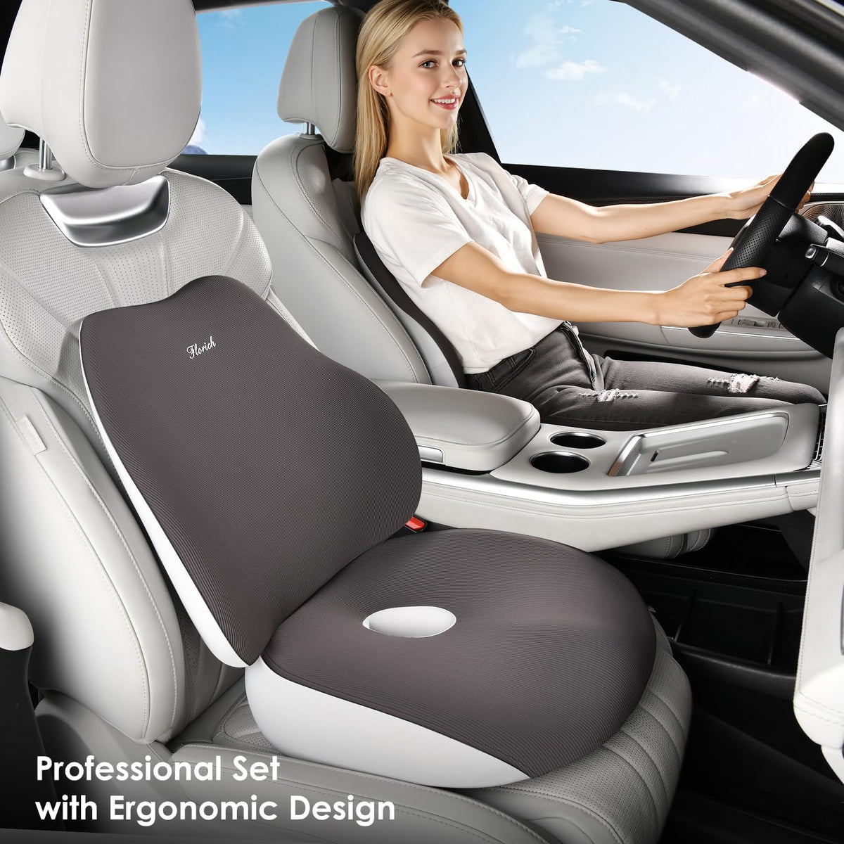 FLORICH Car Seat Cushion and Lumbar Support Pillow, Ergonomic Memory Foam Driving Seat Cushions for Back & Sciatica Pain Relief, Non-Slip Cushion for Car, Office, Truck, Wheelchair, Gaming Chair-Gray