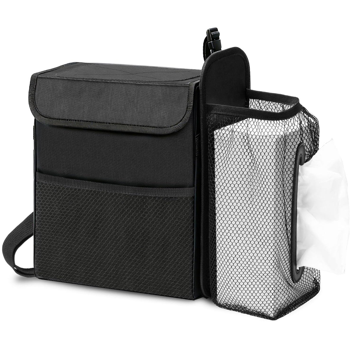 Ryhpez Car Trash Can with Tissue Holder, Leakproof Car Garbage Can with Detachable Car Napkin Holder, Hanging Car Trash Bin for Headrest, Console, Truck, SUV Car Accessories, Black