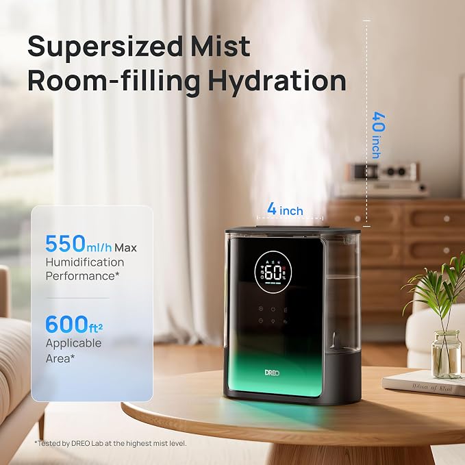 DREO 8L Smart Humidifiers for Bedroom 600ft², 80H Runtime Warm&Cool Supersized Mist Humidifier for Large Room Indoor, Quiet Whole House humidifier for Baby, Plants, with Alexa/Google, Black, HM717S