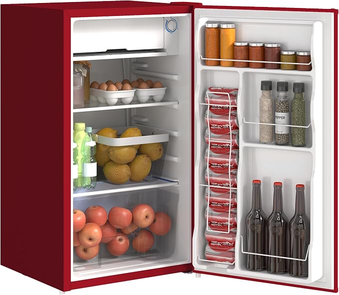 HOMCOM 3.2 Cu.Ft Mini Fridge with Freezer Single Reversible Door Red | Compact Refrigerator, Adjustable Thermostat, Shelf, for Bedroom Dorm Home Office, Energy Efficient