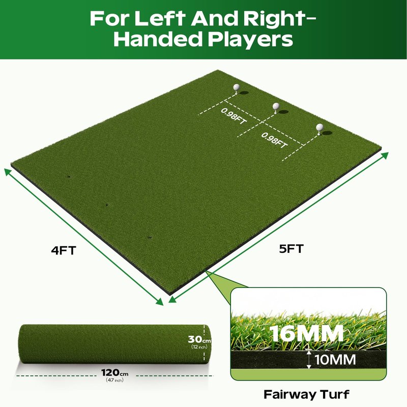 RIKADE 5x4ft Golf Hitting Mat, Backyard Garage Home Indoor Outdoor Practice Mat, 16mm Dense Short Turf with 6 Rotating Tee Holes, 10mm High-Rebound Non-Slip EVA Base Golf Training Mat