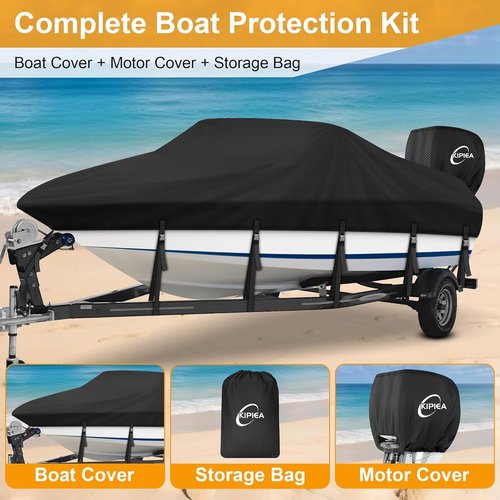 Kipiea 1300D Boat Cover - Heavy Duty Waterproof Protection for V-Hull & Bass Boats | Fits 14'-16' Long X 90" Wide