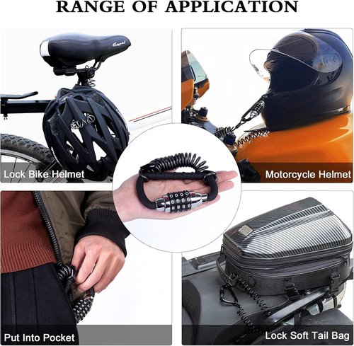 MEETLOCKS Motorcycle Helmet Cable Lock - 4-Digit Combination, Resettable Anti-Theft Design