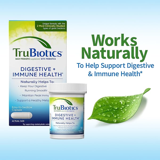 TruBiotics Probiotics for Digestive & Immune Health, Supports Regularity & Helps Relieve Abdominal Discomfort, Gas & Bloating, 2 Clinically Studied Probiotic Strains, Plus Prebiotics, 60 Capsules
