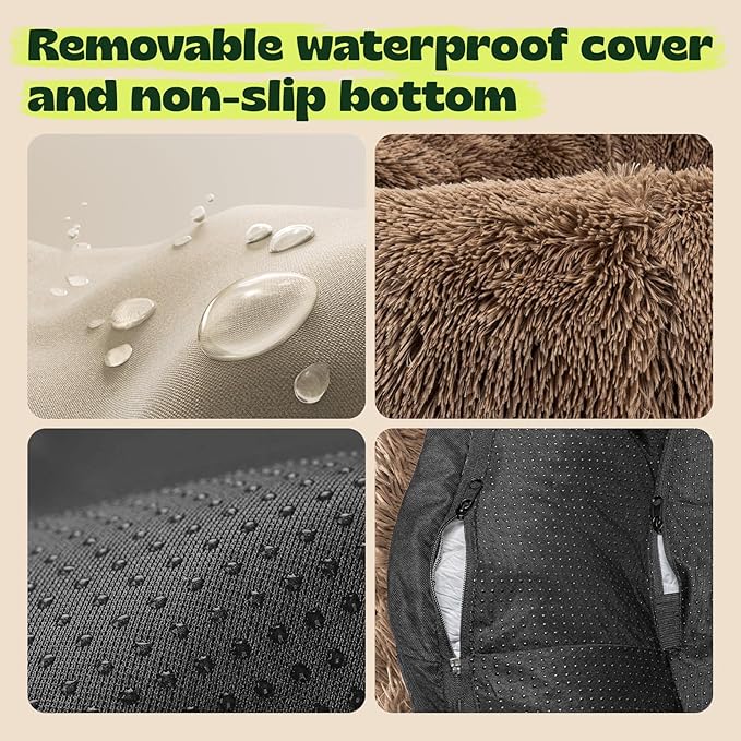 Orthopedic Dog Bed for Large Dogs Waterproof Donut Calming Memory Foam with Cooling Gel Removable Cover Anti Anxiety Pet Bed Machine Washable,Extra Comfort Plush Round Cushion 36 Inch,Camel