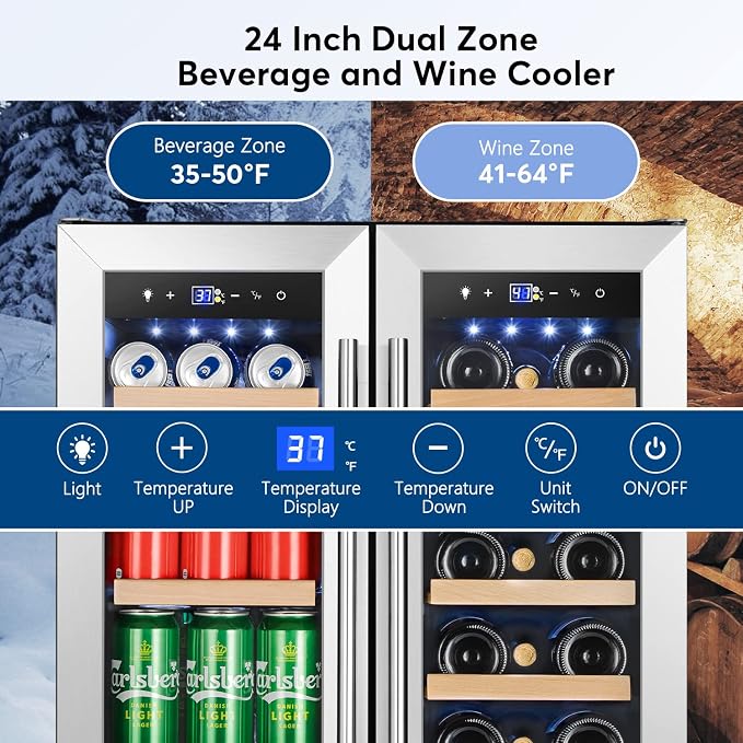24" Dual Zone Wine and Beverage Cooler Quiet Compressor | Dual zone, quiet <38dB, fast cool, smart touch, temp memory, built-in/free, 20 wine+88 cans
