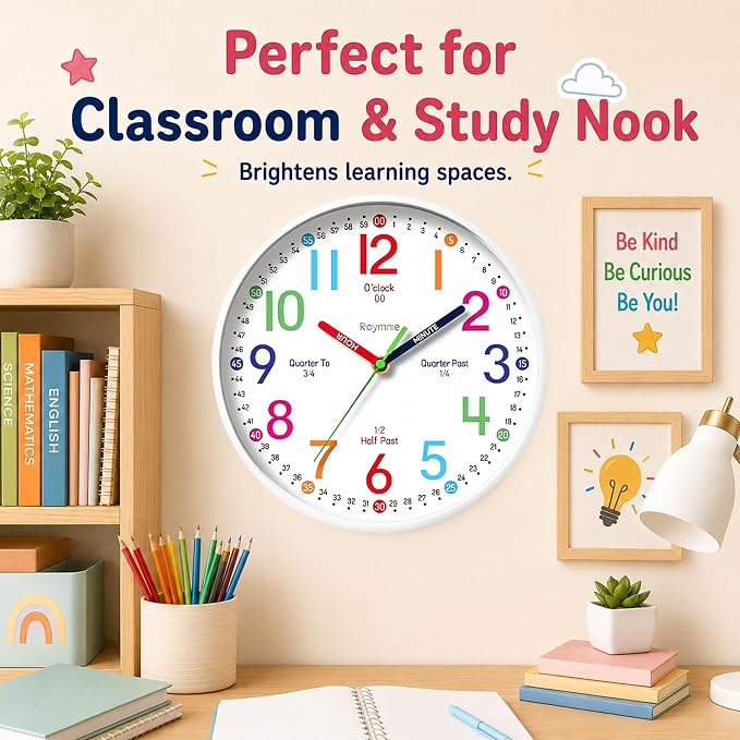 Roymnie Wall Clock 8 Inch for Kids Learning to Tell Time Easily Non Ticking