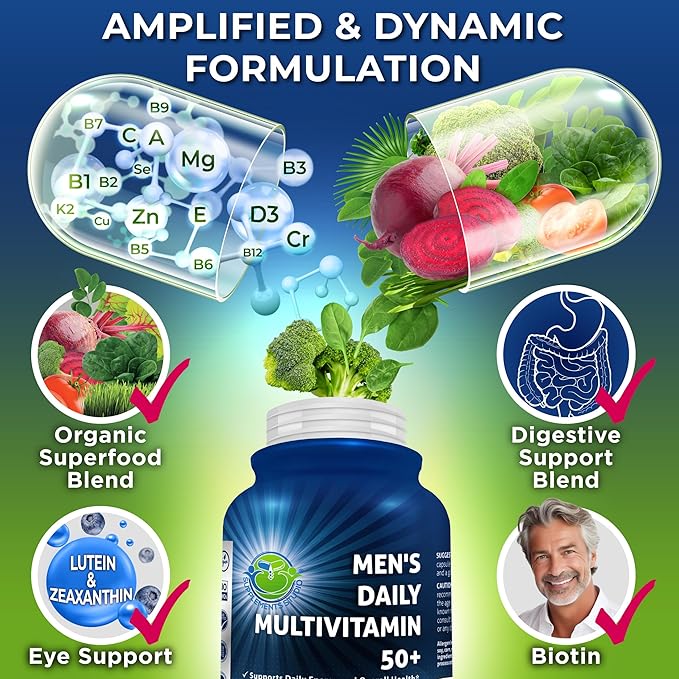Men's Daily Multivitamin 50 Plus - Vegan Methylated Multivitamin for Men 50 and Over - Saw Palmetto, Biotin, Organic Superfoods, Lutein - Eye, Energy, Gut, Health Support - Easy to Swallow Capsules