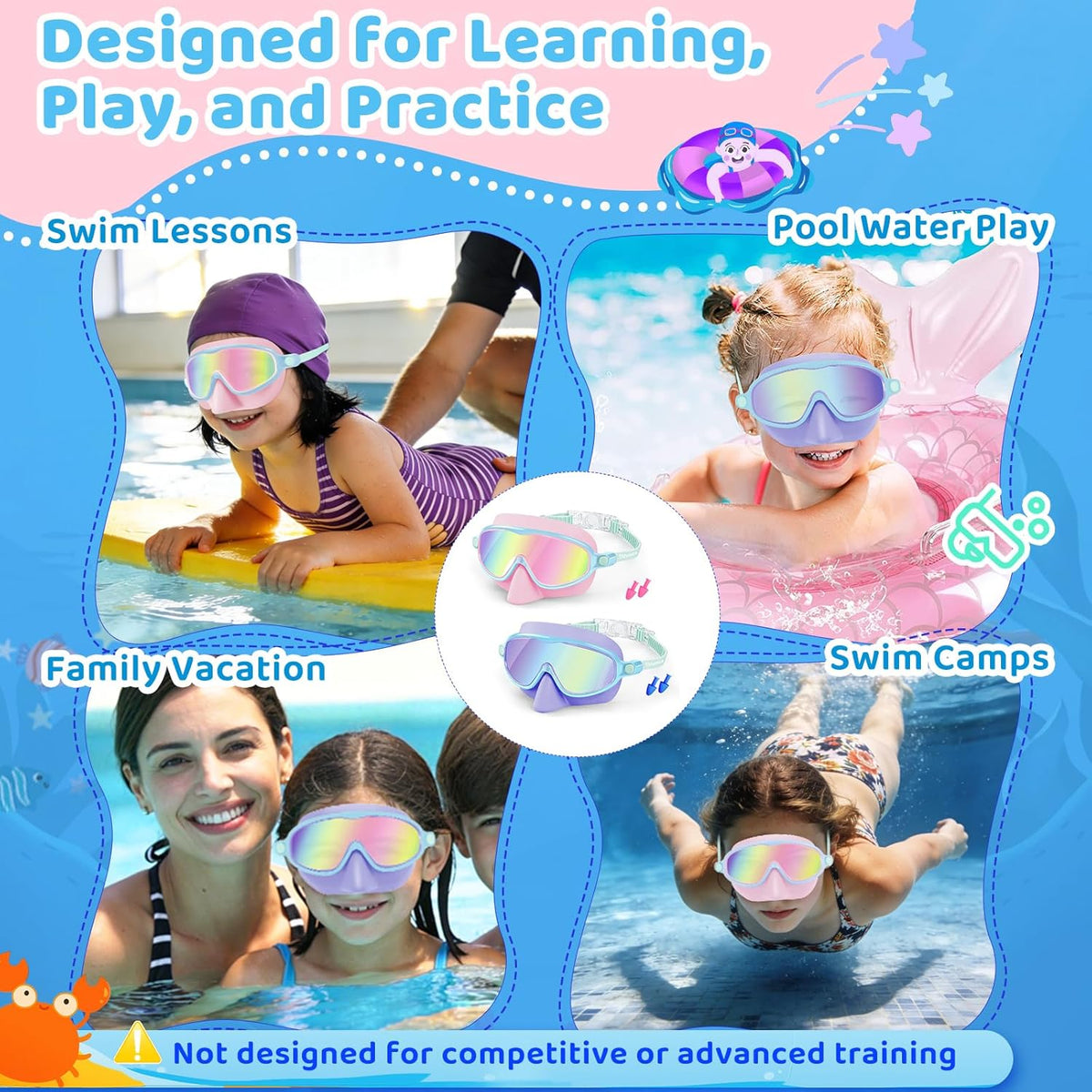 Vvinca Kids Swim Goggles - Anti-Fog UV Protection with Nose Cover | 2 Pack for Ages 3-14