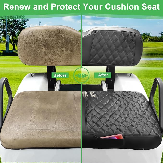 EZGO TXT Seat Cover, Golf Cart Front Seat Covers Set Fit for EZGO TXT 1994-2013 OEM Ordinary Seat Cushion, Thick Vinyl Leather Comfortable/Breathable, No Need Any Tools or Detaching Armrests