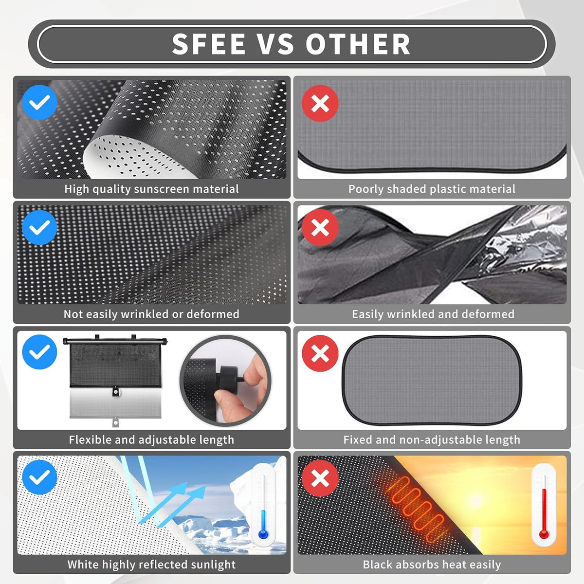 Sfee Car Window Shade for Side Windows, 2 Pack Sun Shade Retractable for Car Blocks Heat and UV Rays Glare Protection Roller Sunshade Visor for Baby, Kids, Pets, Passengers