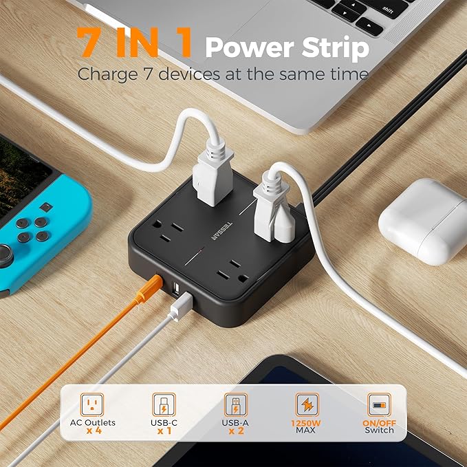 TESSAN Surge Protector Flat Extension Cord 15Ft, Flat Plug Power Strip with 4 Outlets 3 USB Ports (1 USB C), 900 Joules Protection, Multiple Wall Outlet Extender Suitable for Home Office Dorm, Black